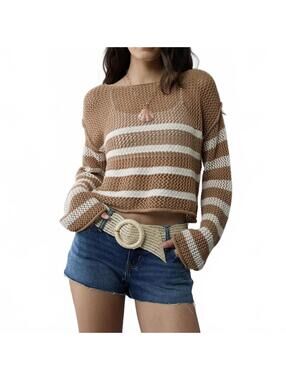 AE Off The Shoulder Crochet Sweater American Eagle Brown Striped NWT Small